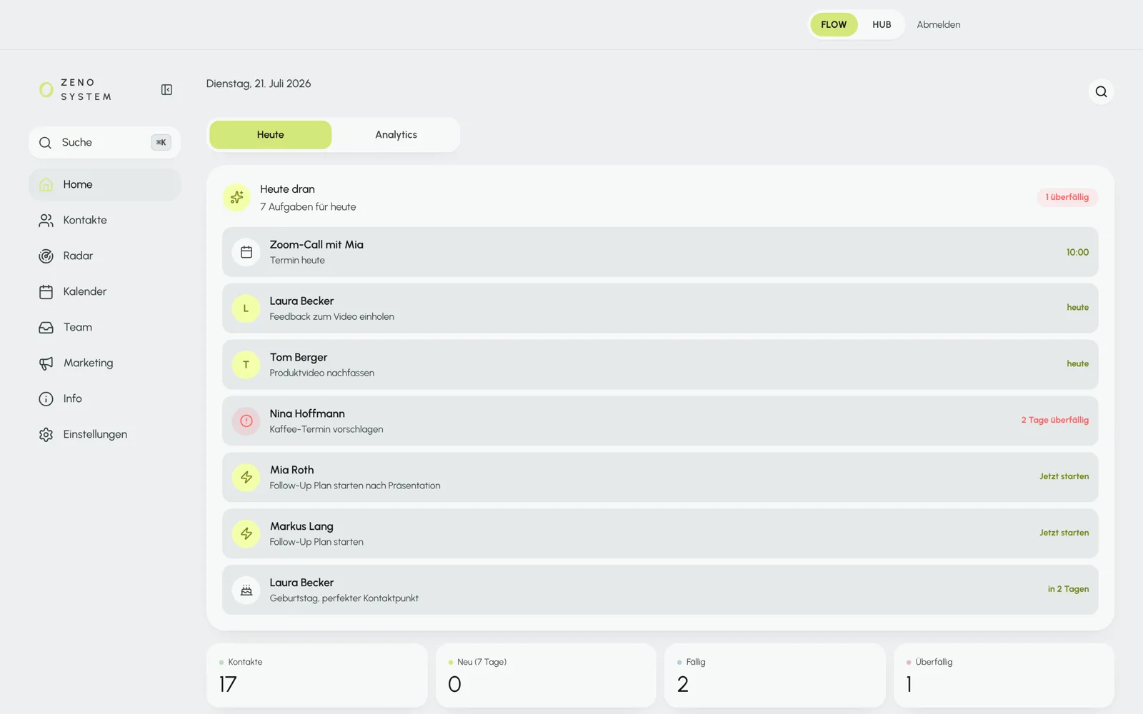 Startbildschirm der App mit den Aufgaben des Tages