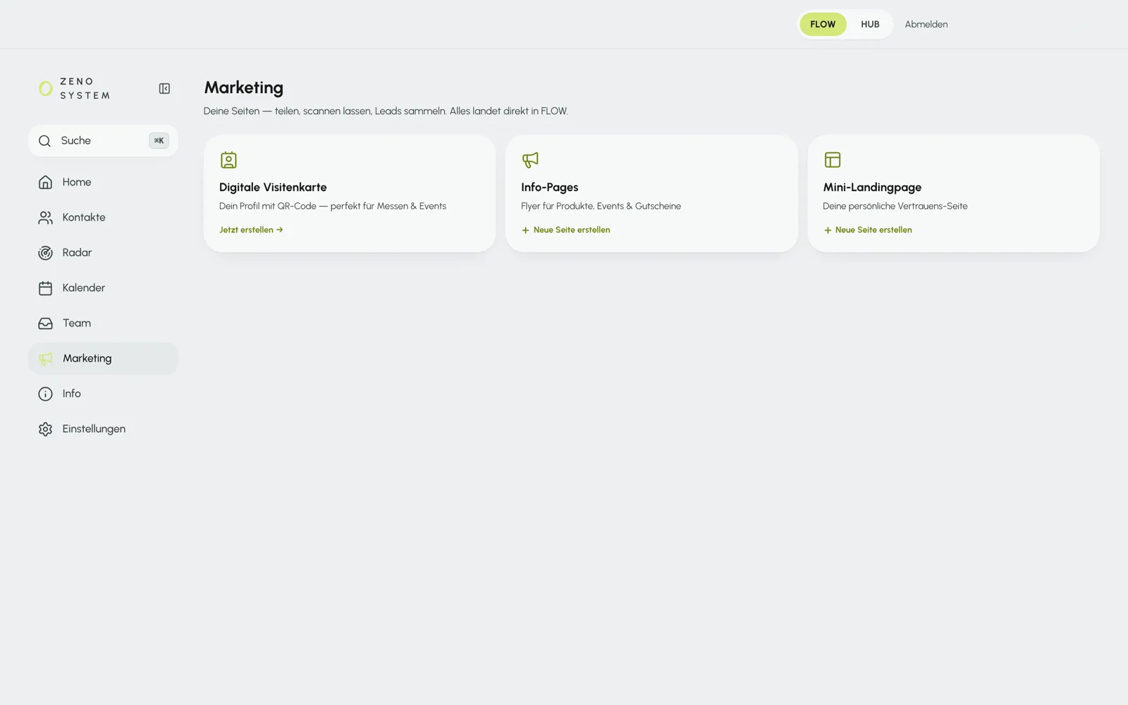 Übersicht des Marketingbereichs mit Visitenkarte, Infoseiten und Landingpages