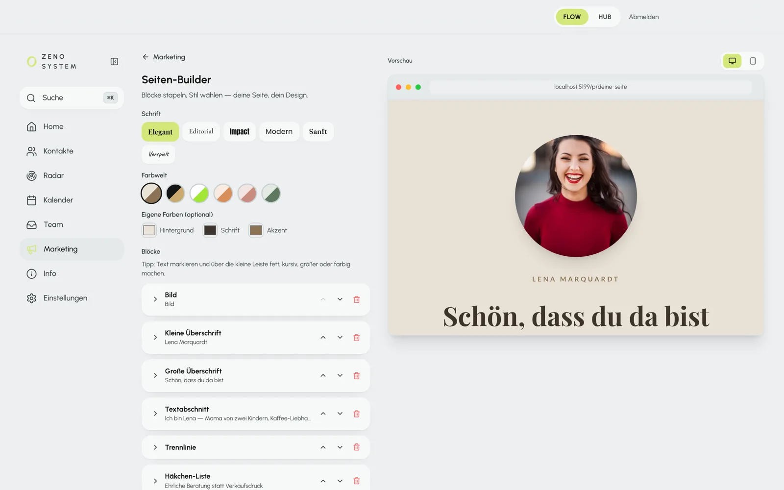 Editor mit Blockliste links und Live-Vorschau rechts